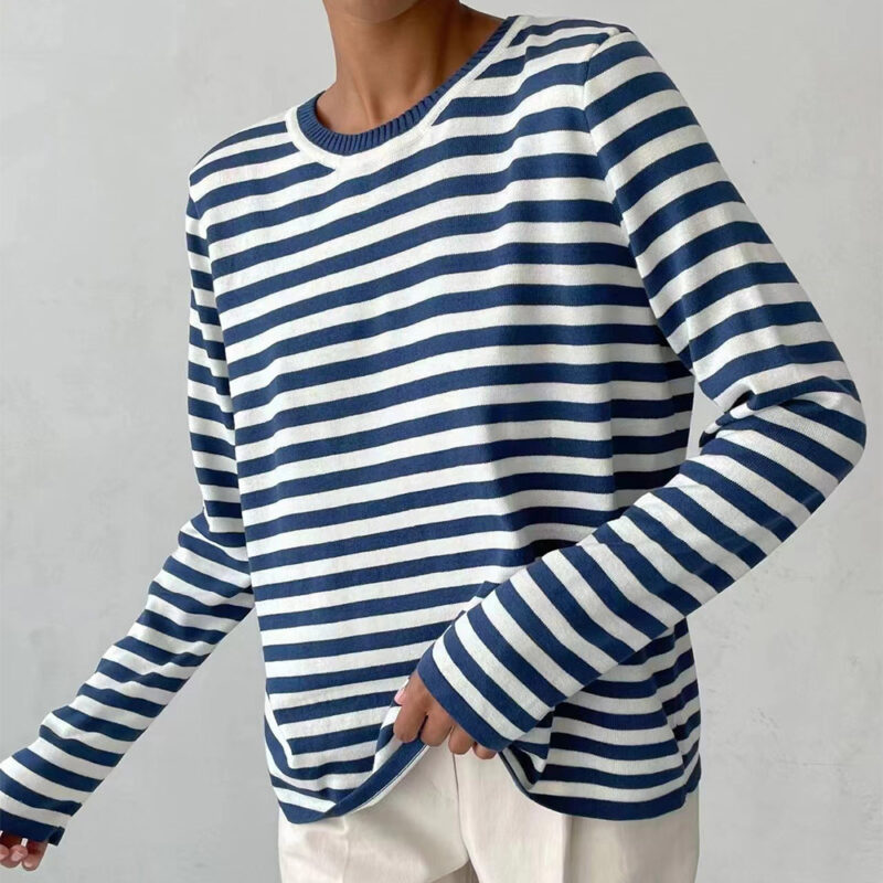 New Knitted Striped Long Sleeved Sweater Versatile Pullover Tops Womens Clothing - Image 8