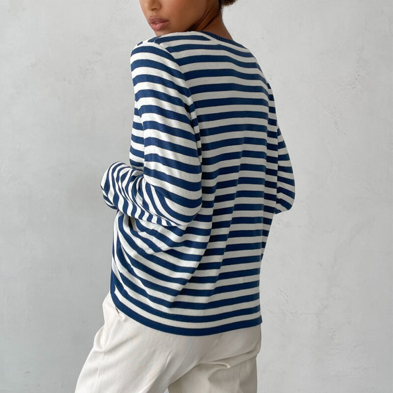 New Knitted Striped Long Sleeved Sweater Versatile Pullover Tops Womens Clothing - Image 2