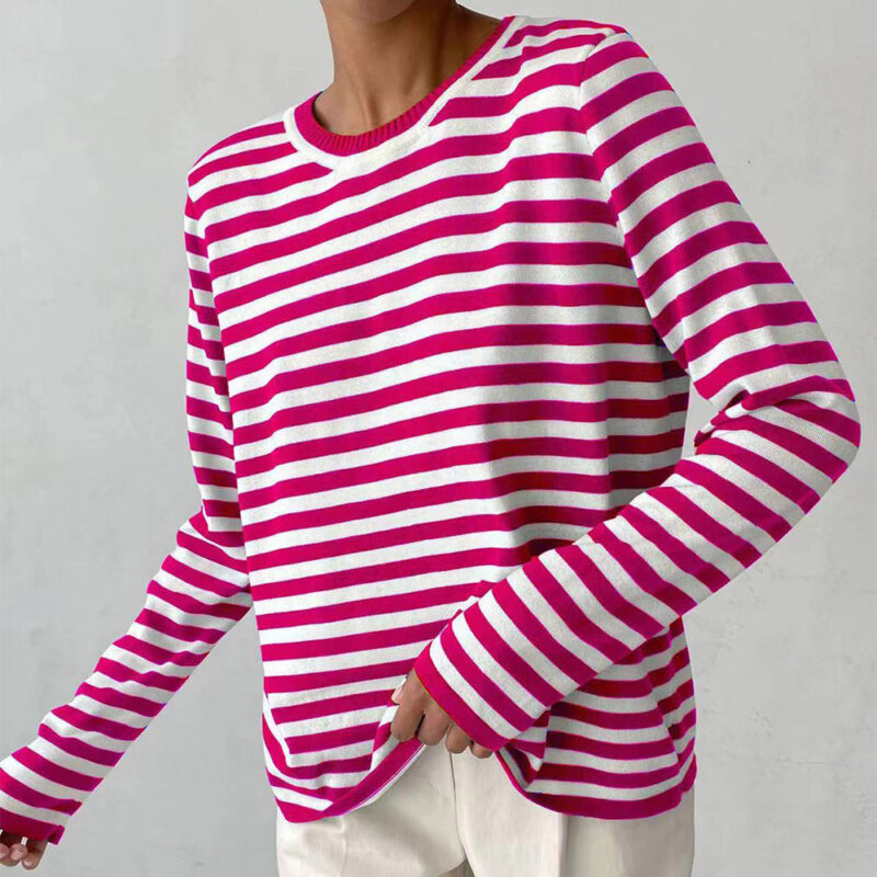 New Knitted Striped Long Sleeved Sweater Versatile Pullover Tops Womens Clothing - Image 10