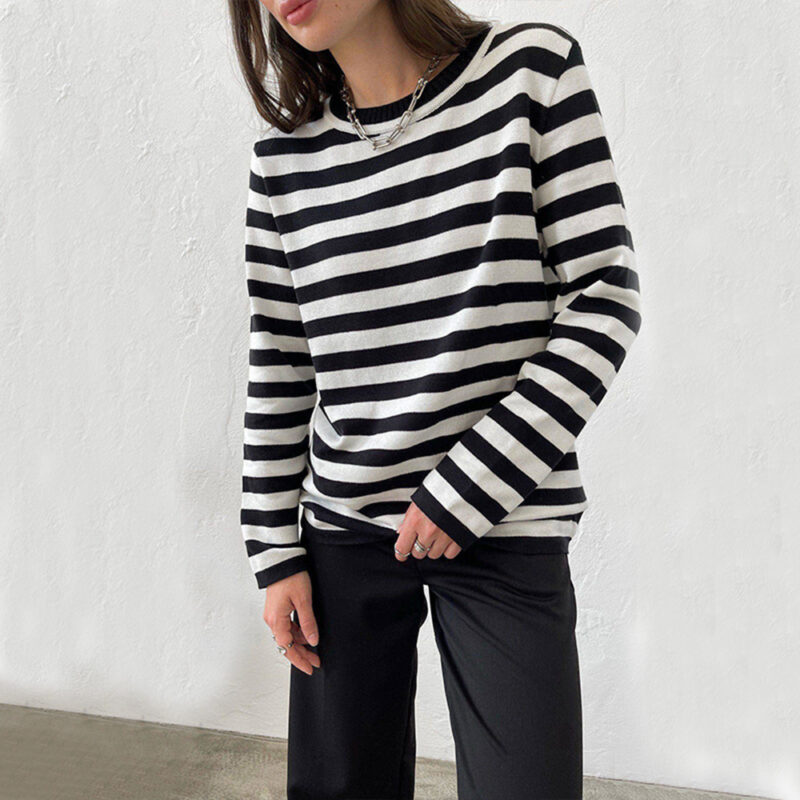 New Knitted Striped Long Sleeved Sweater Versatile Pullover Tops Womens Clothing - Image 4