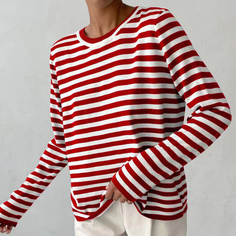 New Knitted Striped Long Sleeved Sweater Versatile Pullover Tops Womens Clothing - Image 6