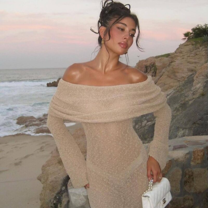 New One-shoulder Knitted Long-sleeved Dress Sexy Beach Holiday Long Dresses Womens Clothing - Image 6