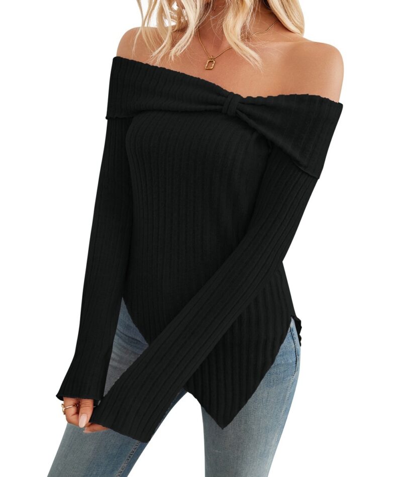 Women's Trendy Knit Ribbed Tops Bow Tie One Shoulder Long Sleeve Sweater Slim Cute Split Shirts Dressy Tops - Image 9