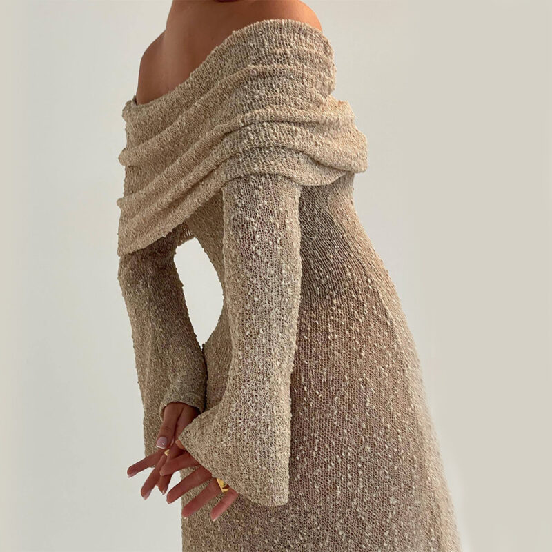 New One-shoulder Knitted Long-sleeved Dress Sexy Beach Holiday Long Dresses Womens Clothing - Image 8