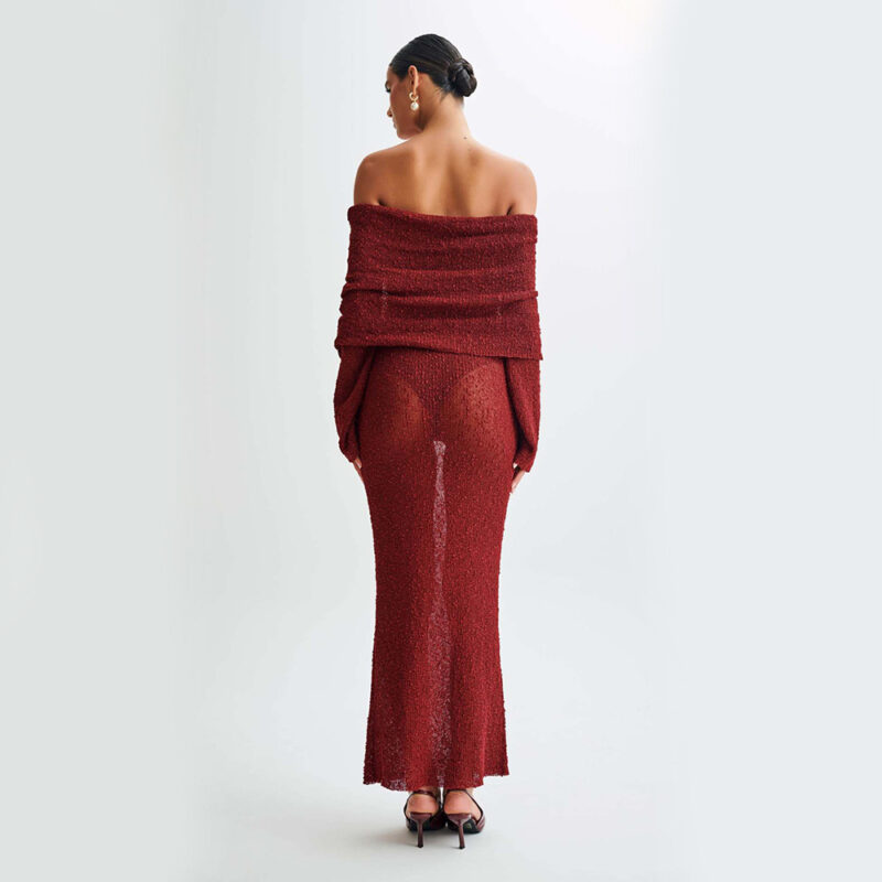 New One-shoulder Knitted Long-sleeved Dress Sexy Beach Holiday Long Dresses Womens Clothing - Image 4