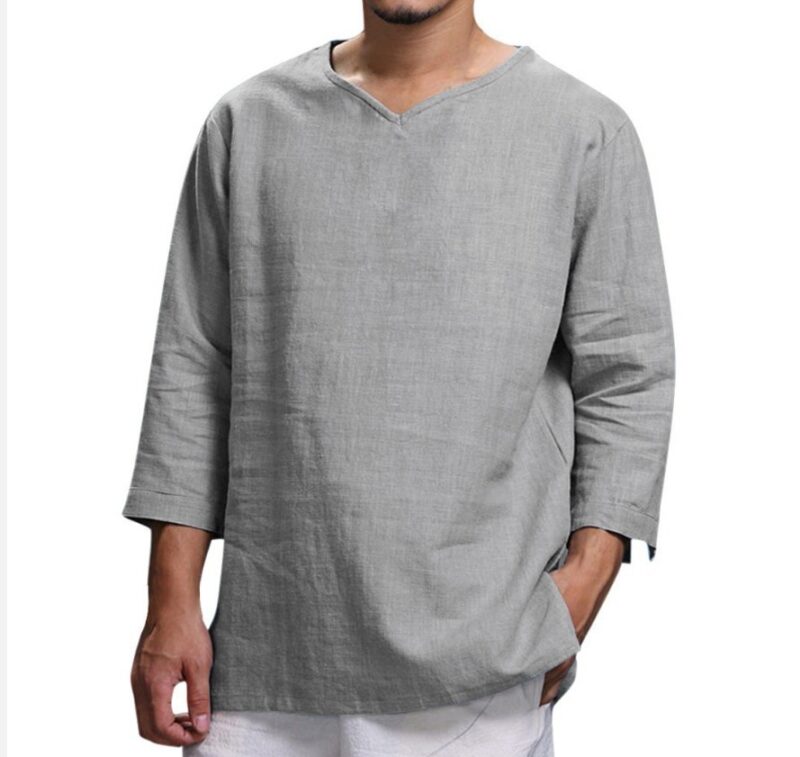 Loose Casual V-neck Top Cotton And Linen Long Sleeve Pullover Shirt Mens Clothing - Image 4