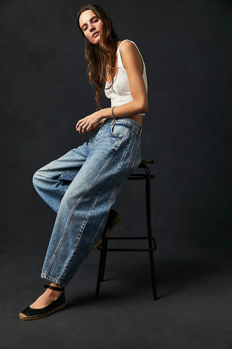 High Stretch Mid-Rise Barrel Jeans Fashion Wide Leg Shape Women Casual Baggy Mid Waist Denim Jeans - Image 4