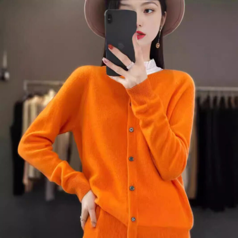 Fashion Merino Wool Cardigan Sweater Women O-Neck Long-sleeve Cashmere Knitwear Spring Autumn Female Clothing Tops - Image 7