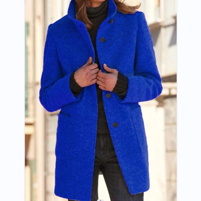 Fashion Stand Collar Woolen Coat With Pockets Fall Winter Casual Button Outwear For Women Clothing - Image 5