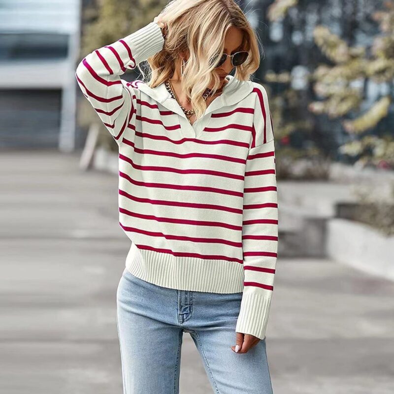 Casual V-neck Lapel Striped Sweater Fashion Long Sleeve Tops For Womens Clothing - Image 6