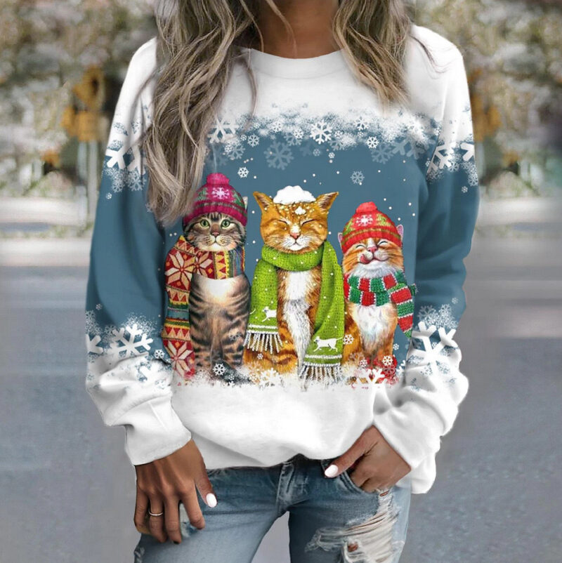 Cross-border Women's Christmas New Snowman And Cat Printed Long Sleeve Casual Loose-fitting T-shirt Christmas Supplies - Image 9