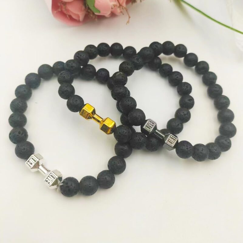 Men's Jewelry Alloy Metal Barbell & Lava Rock Stone Beads Fitness Fashion Dumbbell Bracelet - Image 3