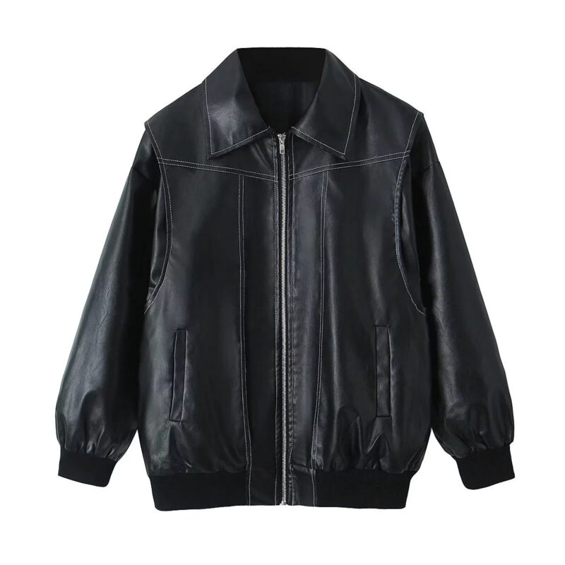 Loose Fashion Lapel Zip-up Jacket Cool Long Sleeve Zipper Closure Moto Biker Leather Jacket Womens Clothing - Image 4