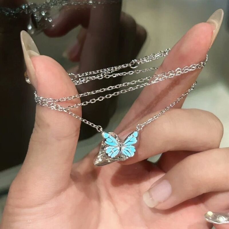 Fashion Blue Luminous Butterfly Necklace Bracelet Set For Glow In The Dark Women Clavicle Chain Choker Party Jewelry Set Gift - Image 8