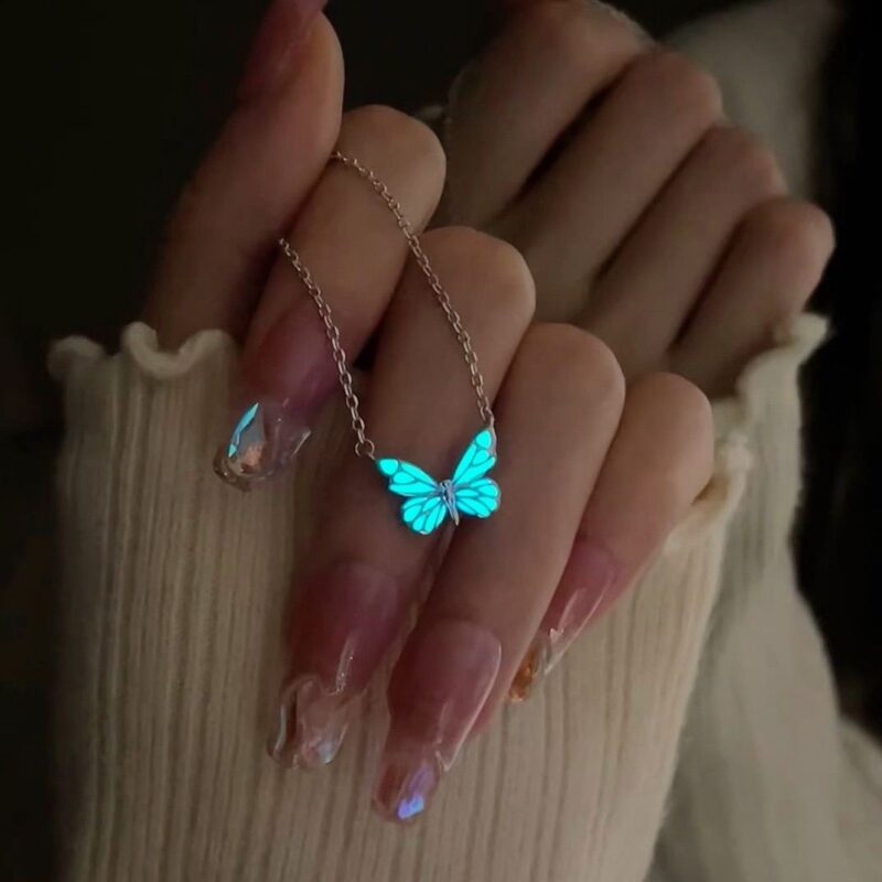 Fashion Blue Luminous Butterfly Necklace Bracelet Set For Glow In The Dark Women Clavicle Chain Choker Party Jewelry Set Gift - Image 9