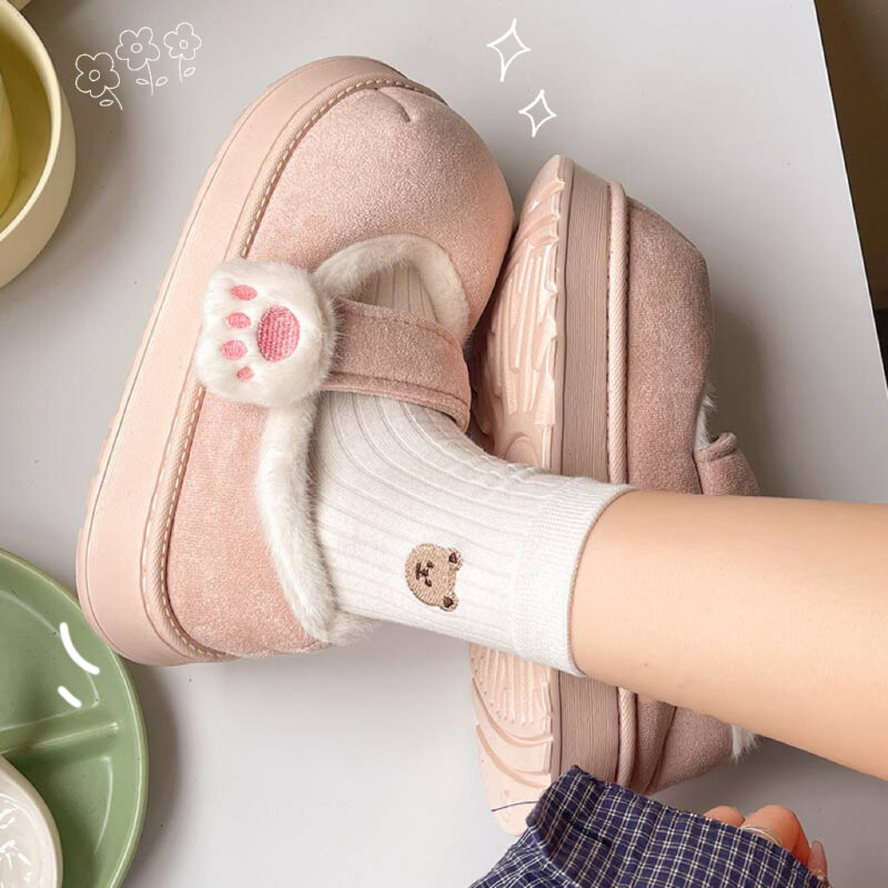 Women's Cotton-padded Shoes Cute Cartoon Cat's Paw Velcro Plush Shoes - Image 2