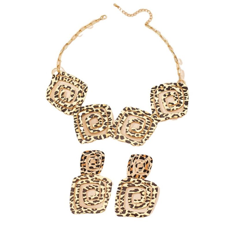 Geometric Trend Circle Spiral Texture Leopard Print Stud Earrings Necklace Suit - Image 5