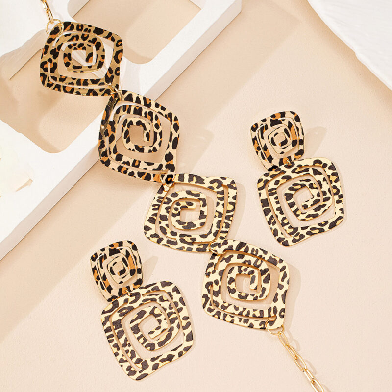 Geometric Trend Circle Spiral Texture Leopard Print Stud Earrings Necklace Suit - Image 3