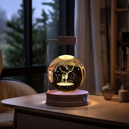 Crystal Ball Cosmic Dinosaur Indoor Night Light USB Power Warm Bedside Light Birthday Gift Night Lamp - Dark wood, Elk deer