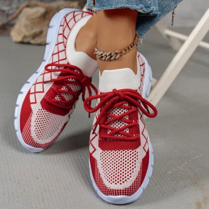Colorblock Plaid Lace-Up Flyknit Sneakers Ins Mesh Casual Shoes Fashion Breathable Walking Running Sports Shoes For Women - Red, 39