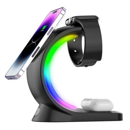 4 In 1 Magnetic Wireless Charger Fast Charging For Smart Phone Atmosphere Light Charging Station For Airpods Pro I-phone Watch - Black