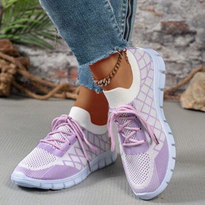 Colorblock Plaid Lace-Up Flyknit Sneakers Ins Mesh Casual Shoes Fashion Breathable Walking Running Sports Shoes For Women - Purple, 38