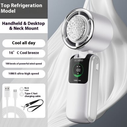 New Ice Pack High-Speed Handheld Eletirc Fan Speed Adjustable Folding Mini Fan Portable Outdoor Hanging Neck Small Fan - White 4000mAh