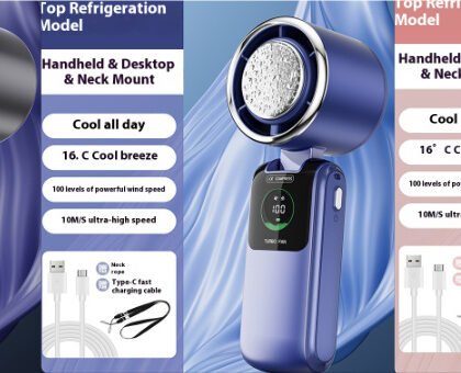 New Ice Pack High-Speed Handheld Eletirc Fan Speed Adjustable Folding Mini Fan Portable Outdoor Hanging Neck Small Fan - Set