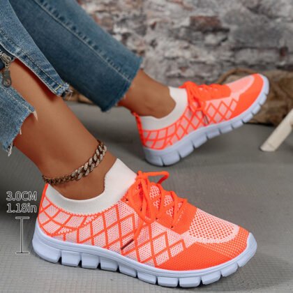 Colorblock Plaid Lace-Up Flyknit Sneakers Ins Mesh Casual Shoes Fashion Breathable Walking Running Sports Shoes For Women - Orange, 39