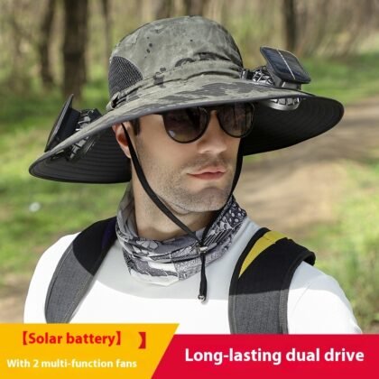 Outdoor Wide Brim Sun Hat With Solar Fan Wide Brim Solar Fan Outdoor Fishing Hat Solar USB Charging Solar Powered Hat Adjustable - Army Green Ink Painting, Adjustable