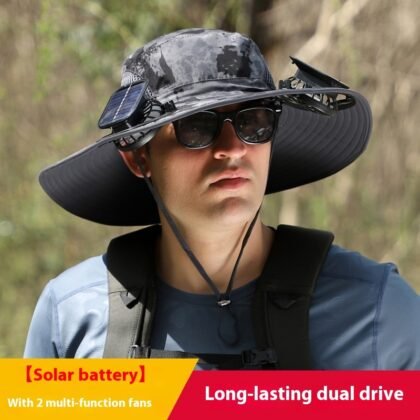 Outdoor Wide Brim Sun Hat With Solar Fan Wide Brim Solar Fan Outdoor Fishing Hat Solar USB Charging Solar Powered Hat Adjustable - Dark Gray Ink Painting, Adjustable