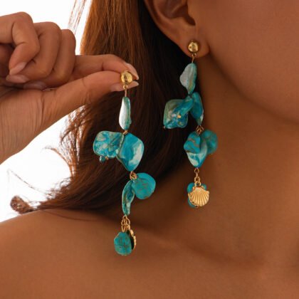 Classic Conch Pendant Necklace For Women Bohemian Starfish Beaded Choker Necklace Summer Beach Neck Fashion Jewelry - 01 Ear Studs Gold Blue 3353